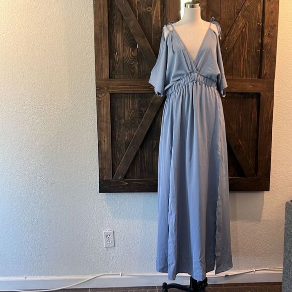 NWT DEEP SELF V Neck Off Shoulder Short Sleeve High Waist Split Wedding Maxi - Picture 5 of 13